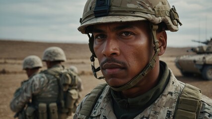 Fototapeta premium A soldier in combat gear and helmet during desert training, looking serious and focused, with other soldiers and a tank in the background. 
