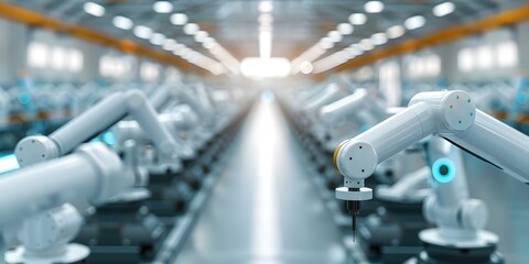 Hightech robot arms in smart factory with Industry 40 infrastructure. Concept Smart Factory Automation, Industry 4,0 Technology, Robot Arms, High-Tech Manufacturing, Infrastructure Upgrades