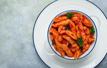 Penne pasta, with shrimp in tomato sauce, close-up, no people,