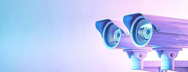 Three security cameras with digital data flowing through their lenses, set against a gradient background of purple and blue