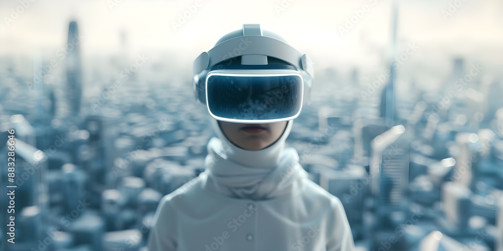 Poster virtual reality and augmented reality merge with artificial intelligence in innovative digital lands