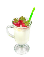Glass with strawberry smoothie isolated on white. Vertical photo