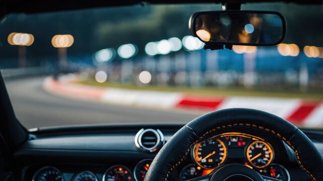 View from the driver's seat of a car on a race track, showing the steering wheel and illuminated dashboard gauges.
