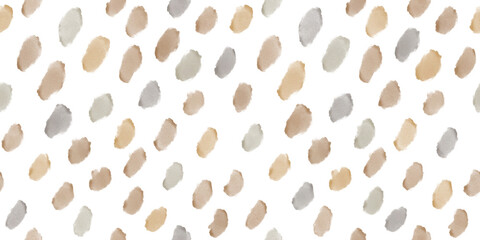Cute Hand Drawn Abstract Irregular Geometric Seamless Pattern. Brown and Gray Brush Spots. Simple Watercolor Style Endless Print. Dotted Repeatable Background. Gender Neutral Color.