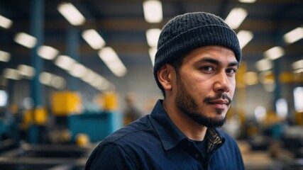 Fototapeta premium A focused factory worker wearing a beanie hat in an industrial setting, with machinery and a well-lit background. 
