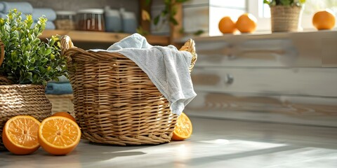 Laundry room with basket of clothes and orange slices in background. Concept Organized Living, Fresh Laundry, Citrus Scents, Home Organization, Interior Design
