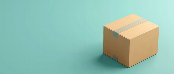 Fototapeta premium Minimalistic image of a cardboard box placed on a turquoise background, ideal for shipping or packaging themes.