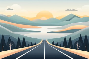 Scenic sunrise over a mountain lake with a road leading towards the horizon, capturing tranquil natural beauty and a sense of journey.