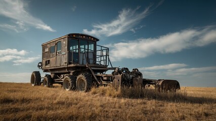 Fototapeta premium An old, abandoned agricultural machine sits in a vast, grassy field under a clear blue sky with scattered clouds. 