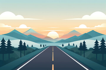 illustration of a scenic road leading into mountains at sunrise, with trees and a beautiful sky creating a serene and tranquil atmosphere.