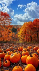 Scenic autumn landscape with a pumpkin patch and colorful trees, capturing the essence of fall