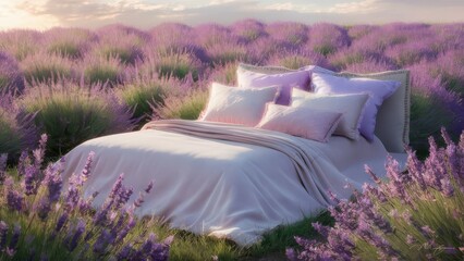 A comfortable bed in a lavender field