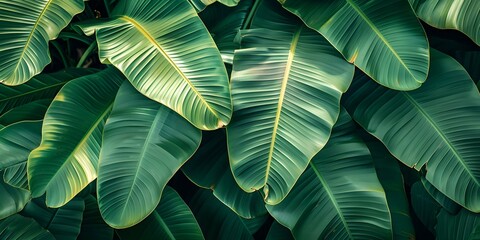 Closeup of large green banana leaves from an exotic palm tree. Concept Nature Photography, Tropical Foliage, Exotic Plants, Greenery Aesthetic