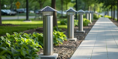 Fototapeta premium City park with solar lights EV charging stations and recycling bins. Concept City Parks, Solar Lights, EV Charging Stations, Recycling Bins