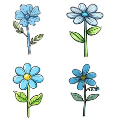Flower icon in doodle style, simple flat design, blue color with green stem and leaves, white background, vector illustration, professional tshirt print for , digital 