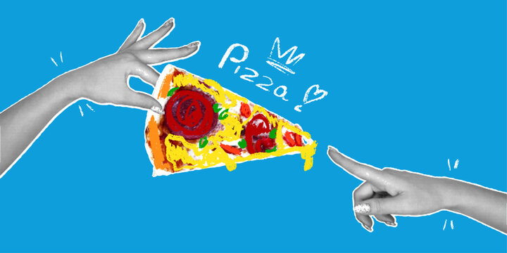 Trendy pop art illustration of Italian fast food with halftone effect and childish pencil doodles, rough texture. Piece of pizza in hands. Advertising banner in retro collage style. - Powered by Adobe