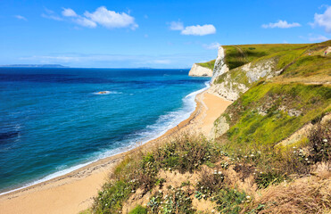 View of the white cliffs of the Jurassic Coast of Dorset, England, UK