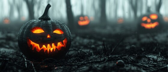 Fototapeta premium Dim forest with children carving pumpkins, creepy faces emerging from the darkness, haunting ambiance, watercolor, muted tones