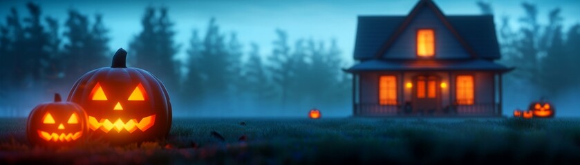 Obraz premium Gloomy haunted house with ghostly jackolanterns on the porch, flickering lights and shadowy windows, digital illustration, spooky ambiance