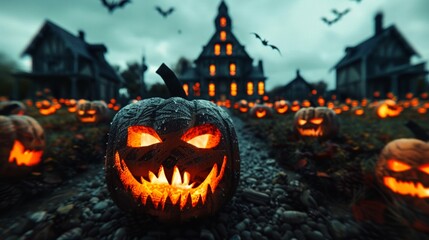 Fototapeta premium Gloomy village square with ghostly jackolanterns, dim lantern light and eerie decorations, digital art, spooky and festive