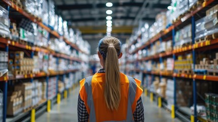 Back view of a logistics coordinator ensuring stock levels in a brightly lit warehouse, [employee, inspection, warehouse, back view]