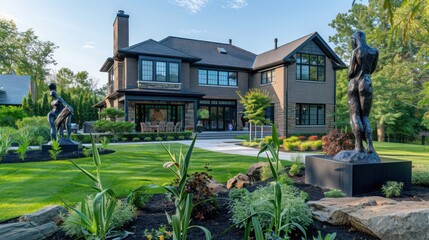 Suburban Colonial home with a dedicated art and sculpture trail, featuring pieces by local artists and integrated into the landscape to enhance the natural beauty