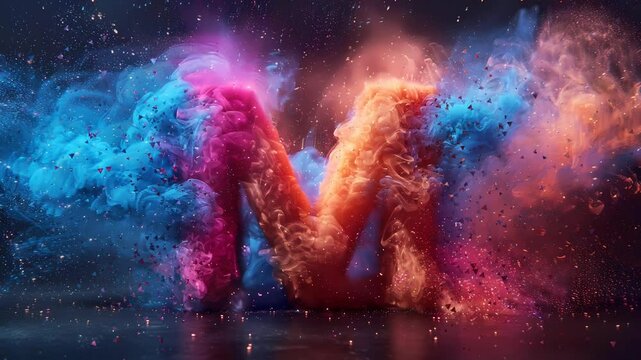 Letter M with colorful cloud art with powder explosion background