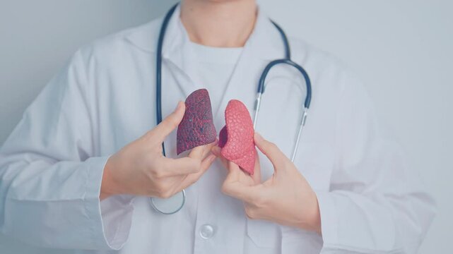 Doctor with Smoker and normal Lung anatomy for Disease. Lung Cancer, Asthma, Chronic Obstructive Pulmonary or COPD, Bronchitis, Emphysema, Cystic Fibrosis, Bronchiectasis, Pneumonia and world Lung day
