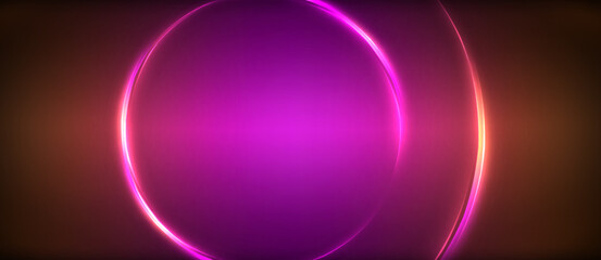 Neon glowing circle rays, light round lines in the dark, planet style neon wave lines. Energetic electric concept design for wallpaper, banner, background