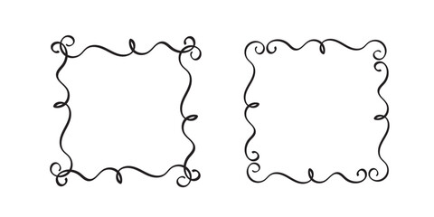 Square doodle frames,hand-drawn monograms.Edgings and cadres with simple sketchy design elements.Isolated. Vector illustration.