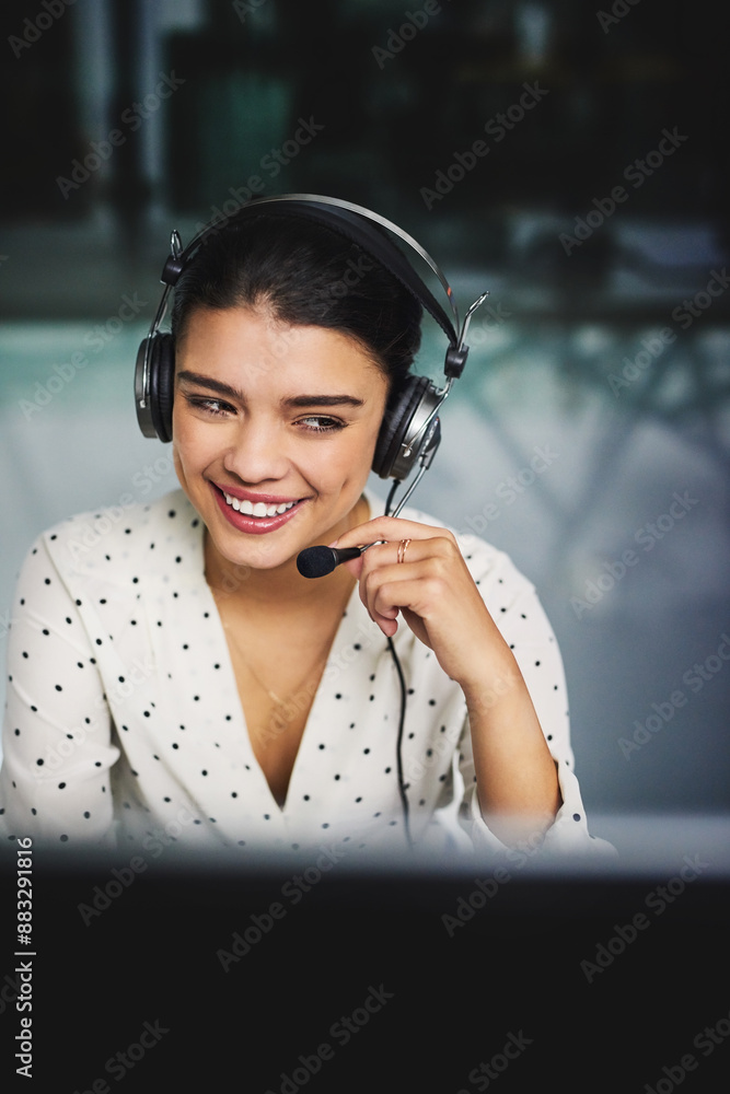 Poster call center, thinking and business woman on computer for e learning communication, teaching solution