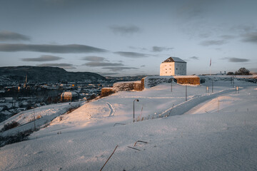 Kristiansten Festning old fortress on the hills in Trondheim, Norway. View on the Fortress. Beautiful winter scenery.
