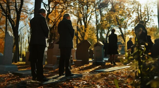 A solemn gathering of people at a funeral service in a cemetery during autumn, with sunlight filtering through trees.