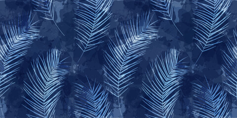 Tropical pattern, palm leaves seamless vector background. Exotic plant on watercolor stains jungle print. Leaves of palm tree.