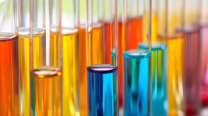 Close-up of colorful chemical solutions in test tubes