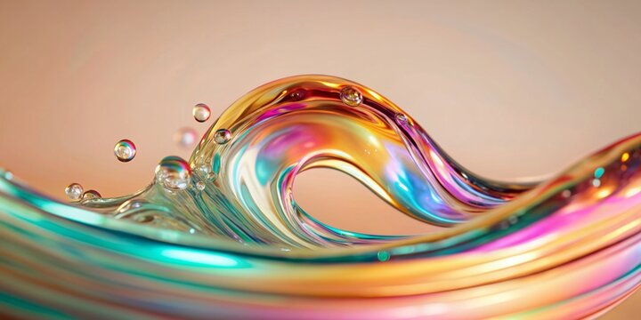 Generative ai. artistic render, liquid splash in abstract swirling motion, rainbow colored fluids, vibrant colors blending, sparkling droplets, smooth wavy texture, dynamic fluid forms
