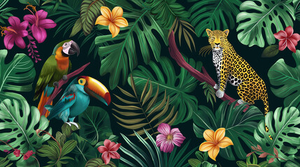 A colorful jungle scene with a parrot, a toucan, and a leopard