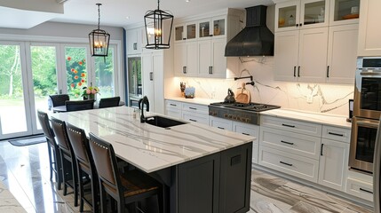Large kitchen with island surrounded by white quartzite countertops