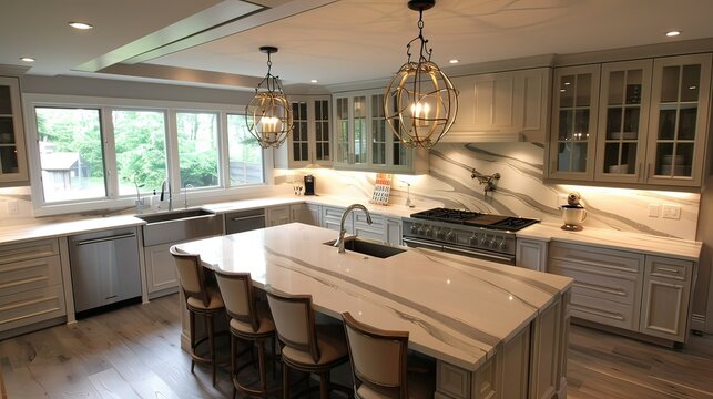 Large kitchen with island surrounded by white quartzite countertops 