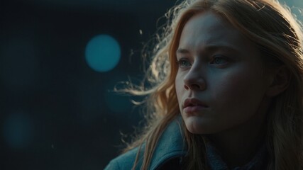 A pensive woman with blonde hair gazes thoughtfully in a low-light setting, illuminated by a soft glow, creating a reflective and moody atmosphere.
