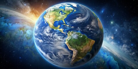Fototapeta premium Generative ai. A highly detailed, photorealistic image of the planet Earth from space, seen against a dramatic backdrop of fiery nebulas and stars in deep space