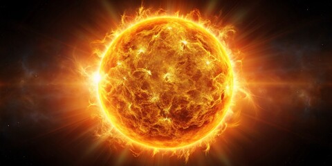 Generative ai. A hyper-detailed, photorealistic, 4K rendering of a massive fiery sun with swirling flares and solar prominences erupting from its turbulent surface