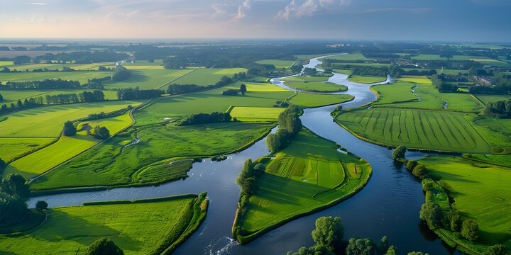 Dutch countryside with green meadows small canals and water management systems. Concept Dutch Countryside, Green Meadows, Small Canals, Water Management Systems, Scenic Landscapes