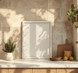 Sunlit Kitchen Counter with Empty Frame Mock-up, Greenery, and Rustic Elements in Warm Natural Light