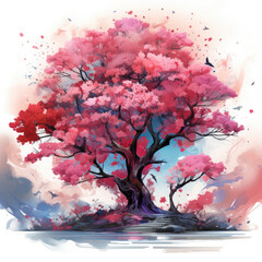 Watercolor Abstract Blossom Tree Illustration, Generative Ai