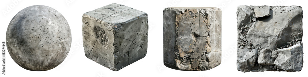 Poster high-resolution textures of different stone shapes including sphere, cube, cylinder, and fragmented 
