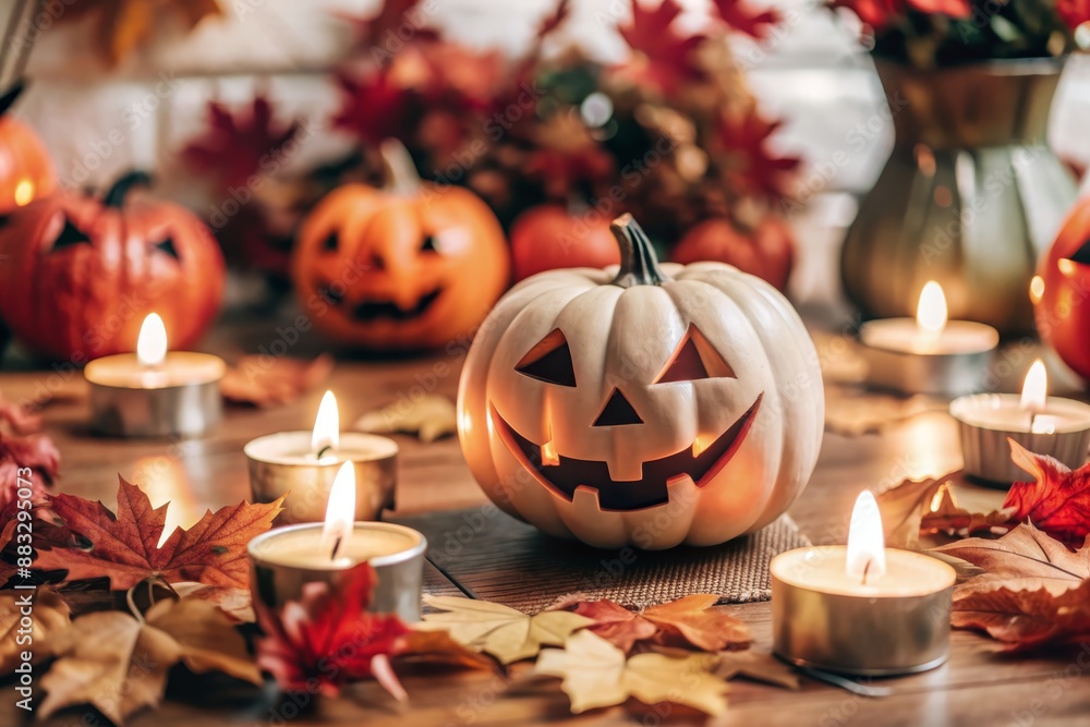 Sticker Carved Pumpkins and Lit Candles Creating a Spooky and Festive Halloween Setting - Autumn-themed Halloween scene with carved pumpkins and lit candles. Fall leaves scattered on a wooden table, creating 