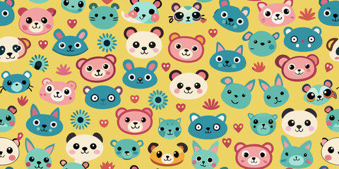 cute chibi animals with big eyes, vibrant colors, repeating pattern, kawaii style, cartoon pandas, tigers, bears, mice, pastel green and peach background
