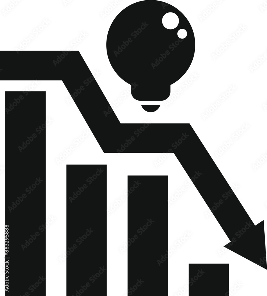 Poster black silhouette icon of a light bulb falling on a declining graph, representing a bad idea