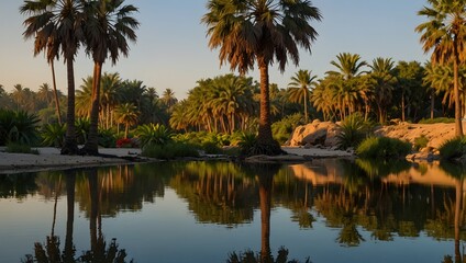 Obraz premium The tranquility of an oasis at dawn, surrounded by palm trees and still waters ai_generated